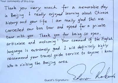 testimonial of Beijing one day tour, click here to see more.